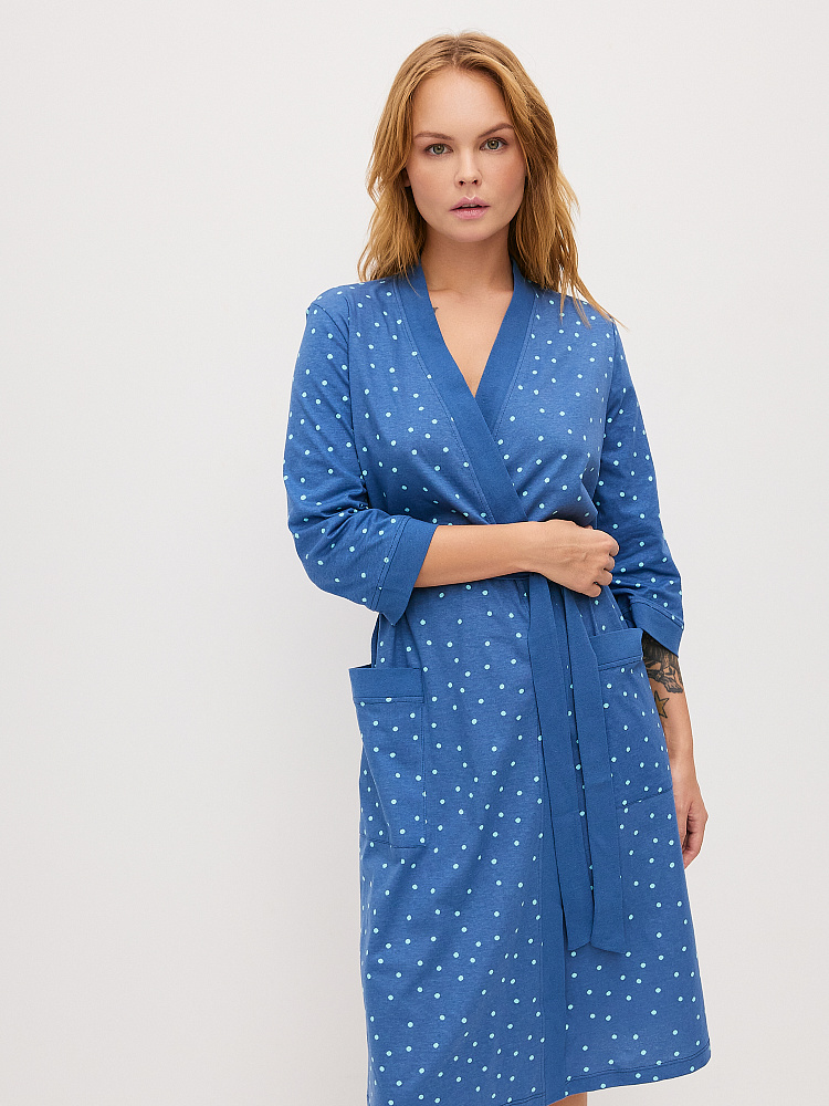Халат из хлопка с поясом Cozy time Синий/Горох_11265