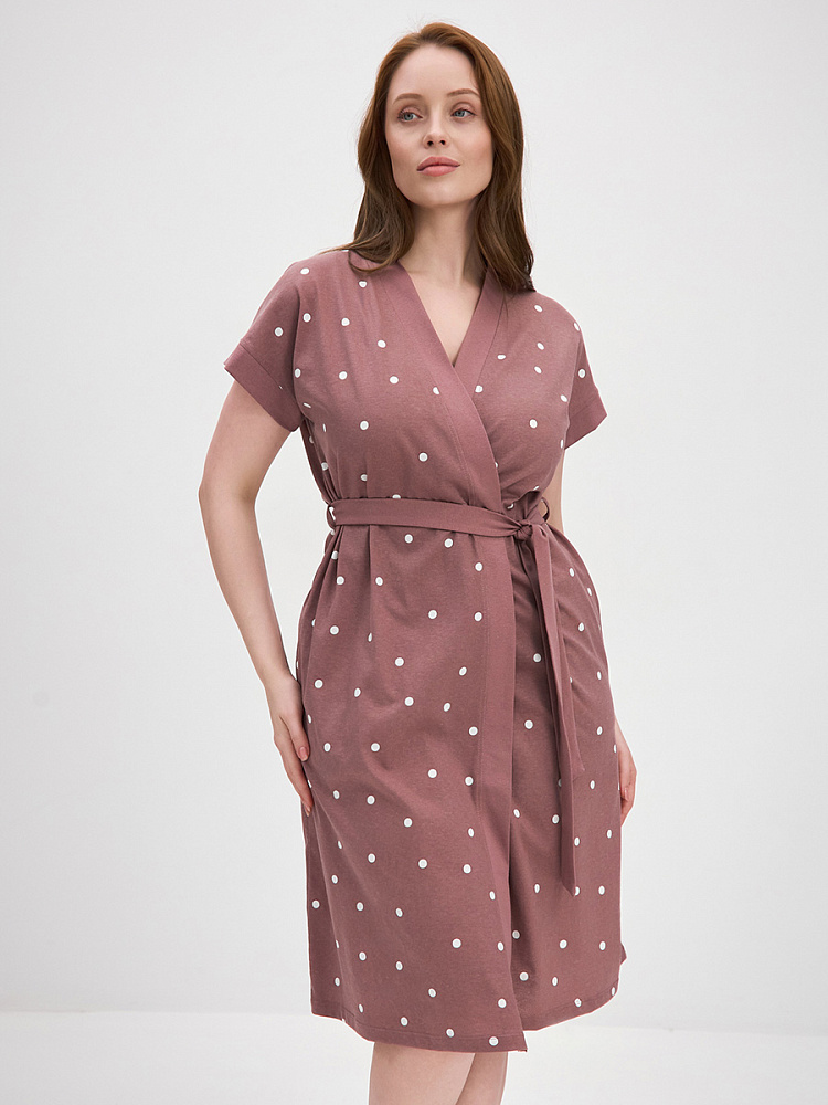 Халат из хлопка с поясом Cozy time Какао/Горох_13588