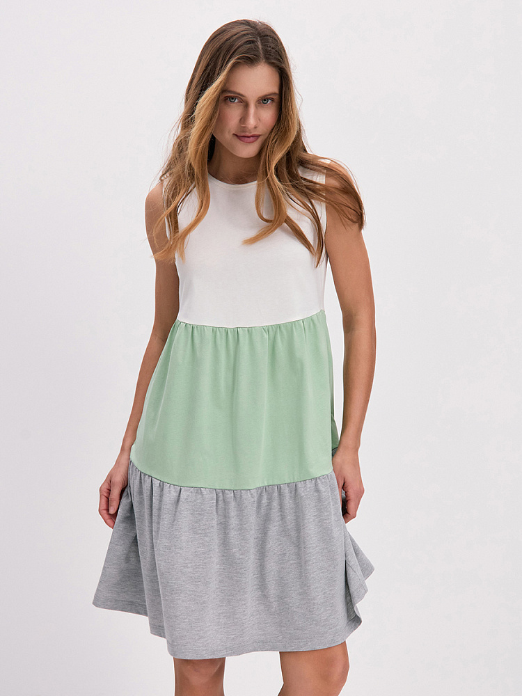 Платье из хлопка Color blocks Молочный/Зеленая трава/Серый меланж_14223