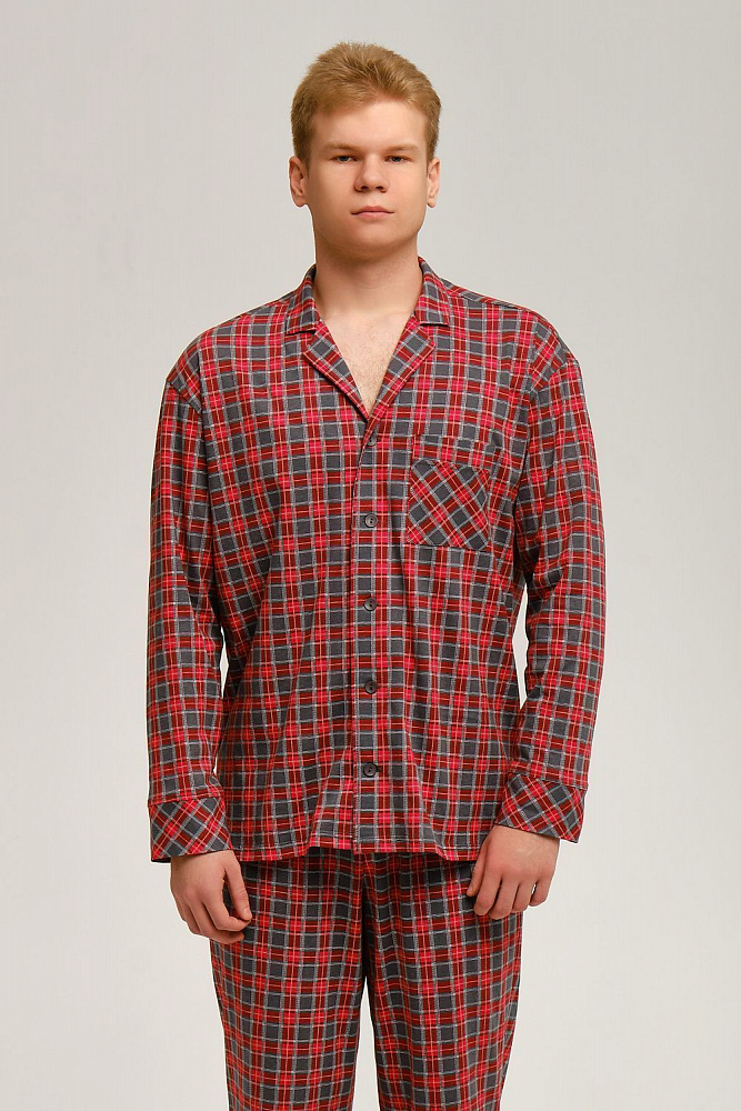 Рубашка с длинным рукавом из хлопка David Красно-серая клетка_12508