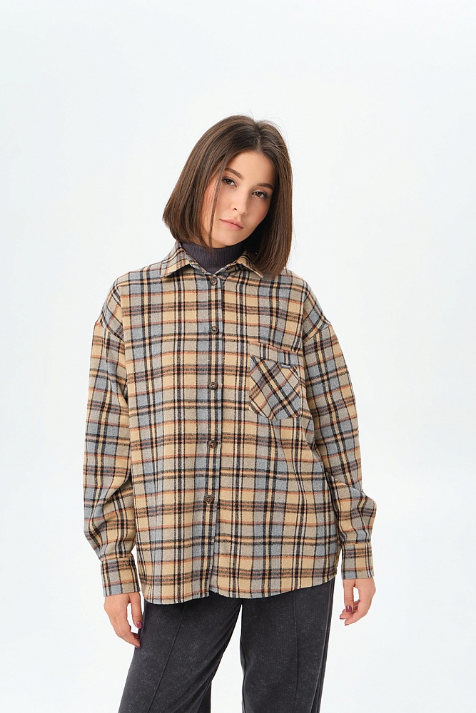 Рубашка в клетку из хлопка City Plus Бежево-коричневая клетка_16851