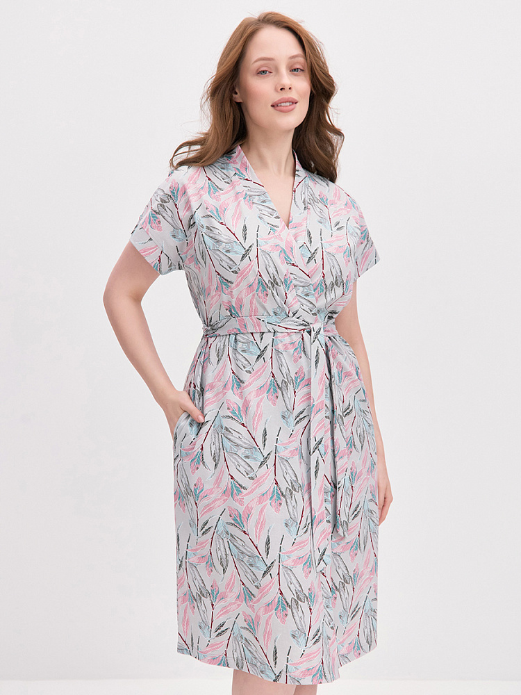 Халат из хлопка с поясом Cozy time Серо-розовые листья_14164