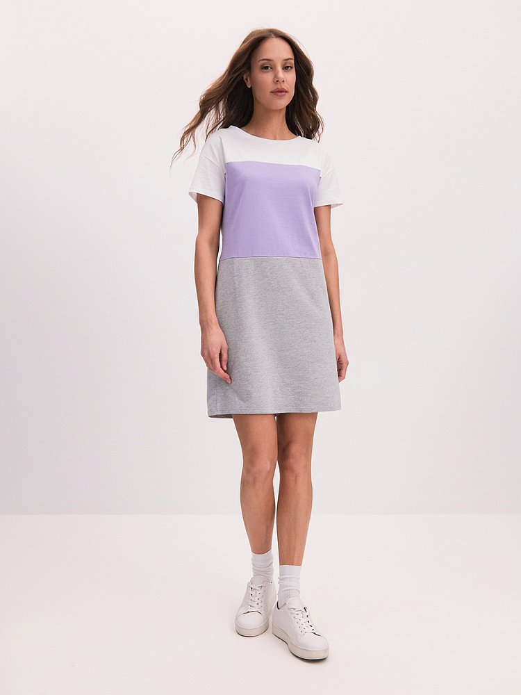 Платье из хлопка Color blocks Белый/Лиловый/Серый_14765
