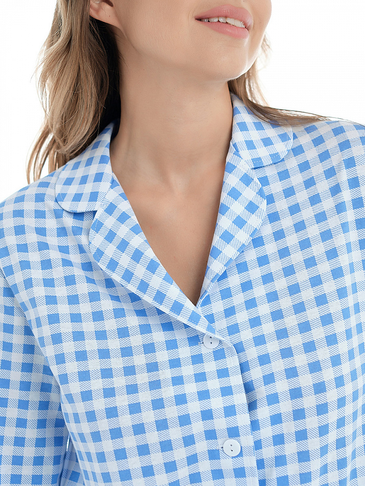 Халат-рубашка из хлопка Slow beauty Бело-синяя клетка_13511