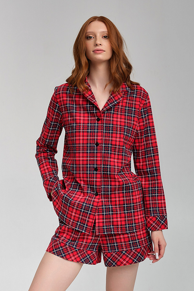 Рубашка из хлопка с длинным рукавом красная клетка Slow beauty_8889