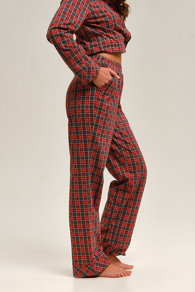 Прямые брюки из хлопка Slow beauty Красно-серая клетка_12503