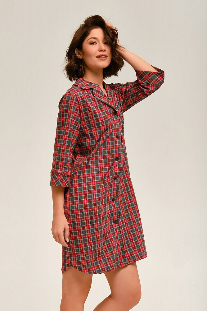 Халат-рубашка из хлопка Slow beauty Красно-серая клетка_12479