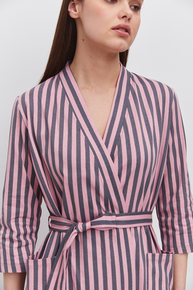 Халат из хлопка с поясом Cozy time Полоска на розовом_11289