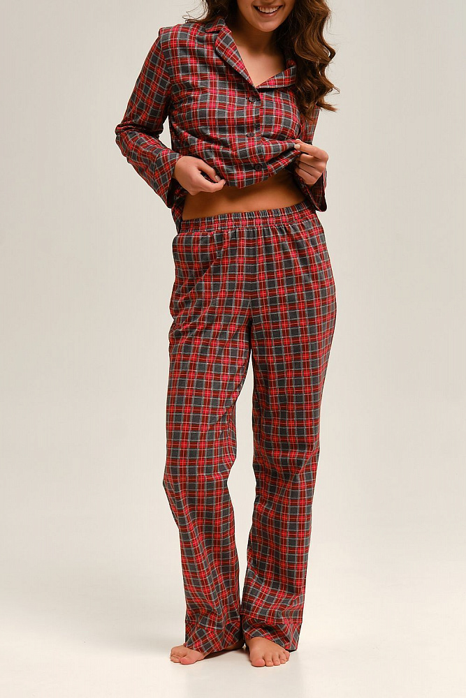 Прямые брюки из хлопка Slow beauty Красно-серая клетка_12502