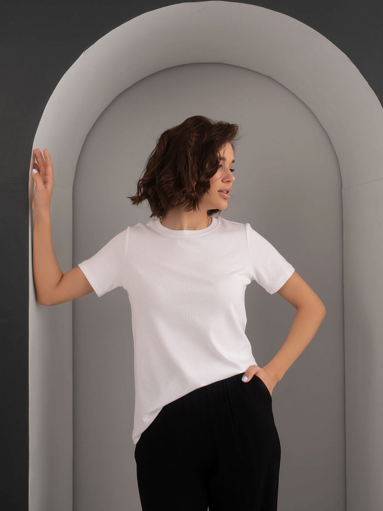 Футболка белая базовая в рубчик хлопок Basic _6462