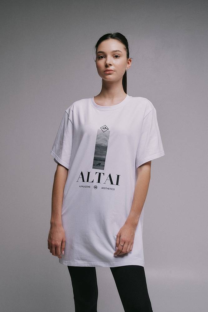 Футболка удлиненная оверсайз с принтом Altai woman Белый/Степь_17860