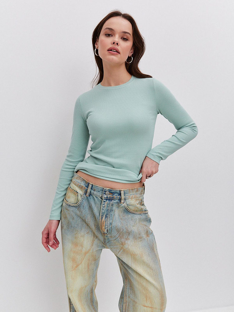 Лонгслив трикотажный в рубчик Basic Шалфей_11571