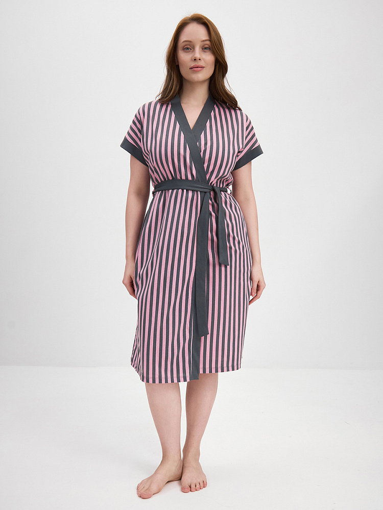 Халат из хлопка с поясом Cozy time Полоска розово-серая_13444