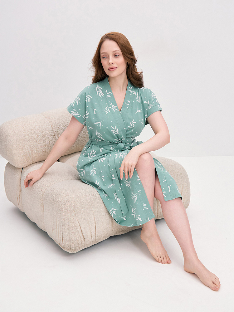 Халат из хлопка с поясом Cozy time Олива_14891