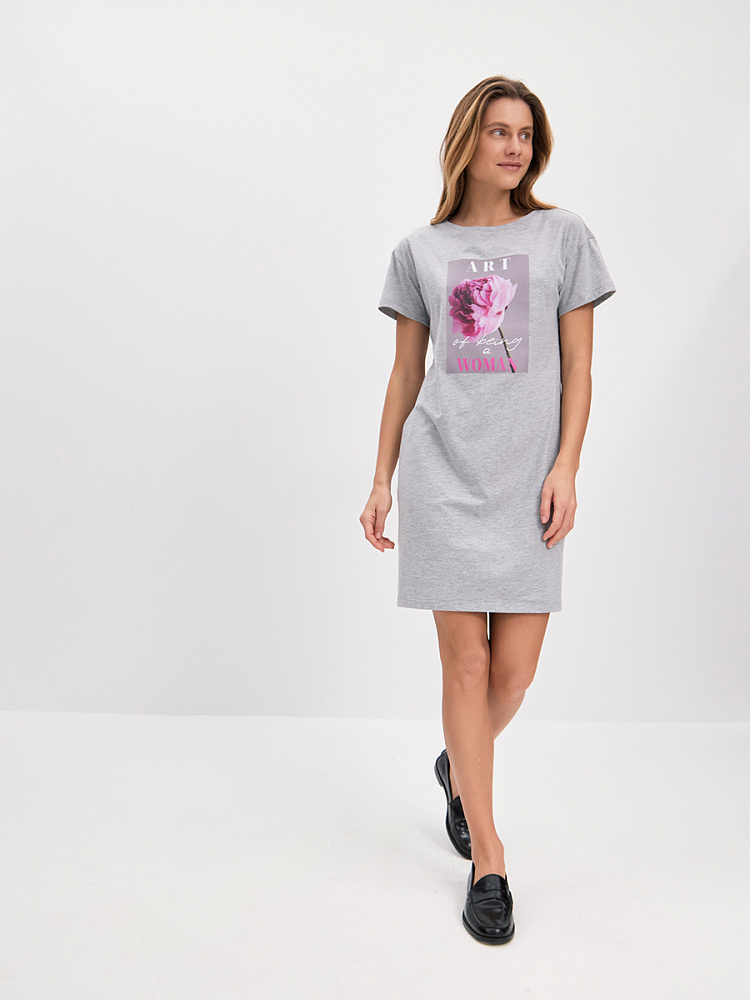 Платье из хлопка Color Print Серый меланж/Пион розовый_14809