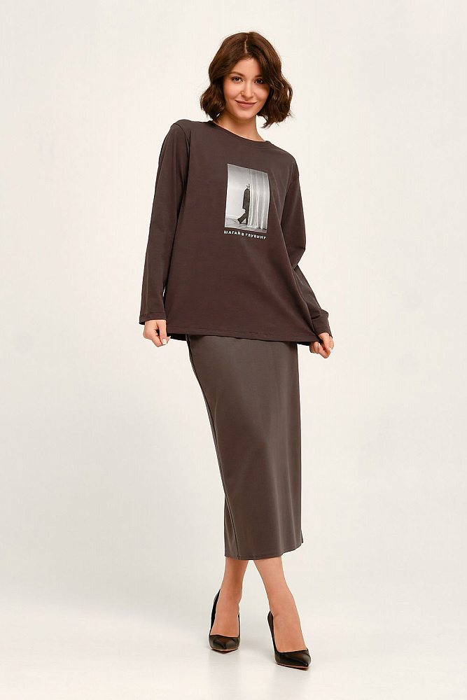 Прямая юбка миди с разрезом Jersey Графит_12719