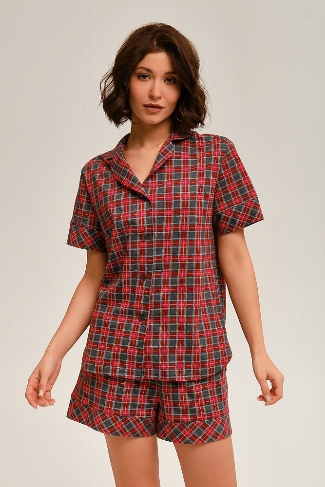 Шорты из хлопка с карманами Slow beauty Красно-серая клетка_12483