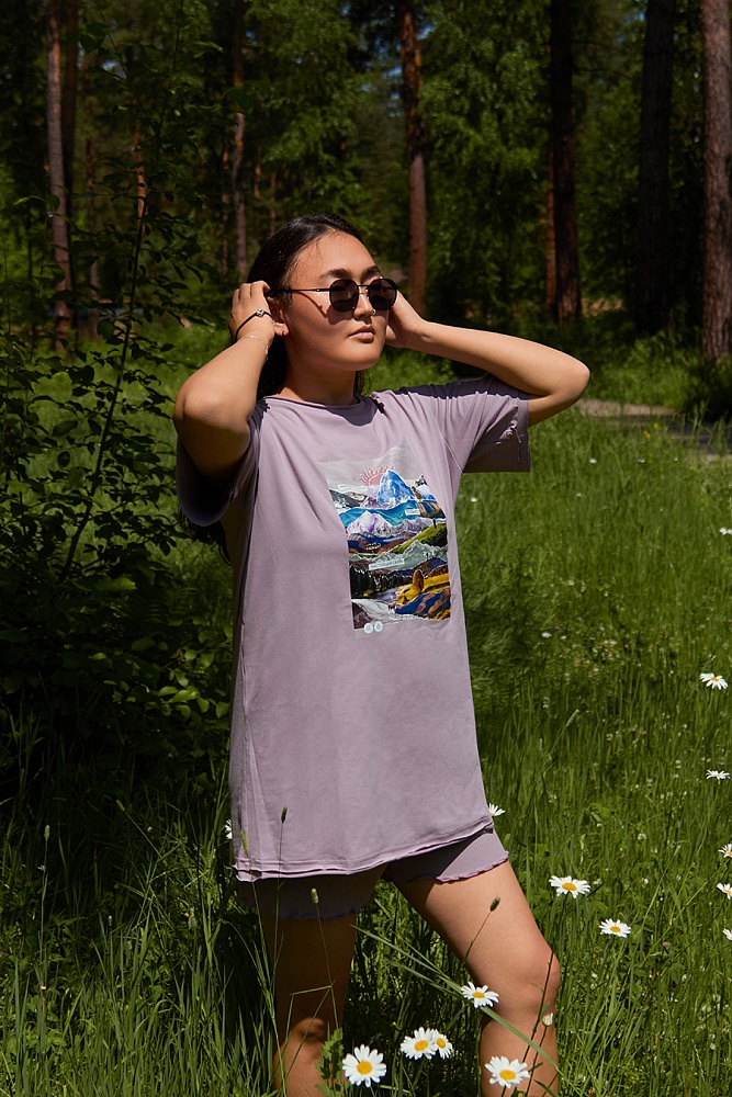 Футболка оверсайз удлиненная Park Пудра/Цветные горы_16530