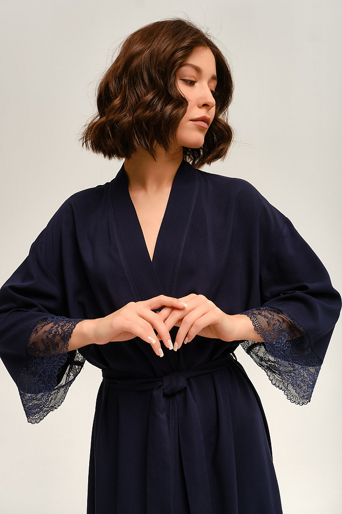 Халат из штапеля с кружевом  NINFA Темно-синий_12767