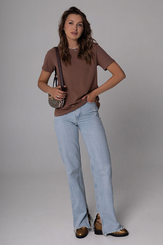 Коричневая футболка базовая в рубчик хлопок Капучино Basic_6475