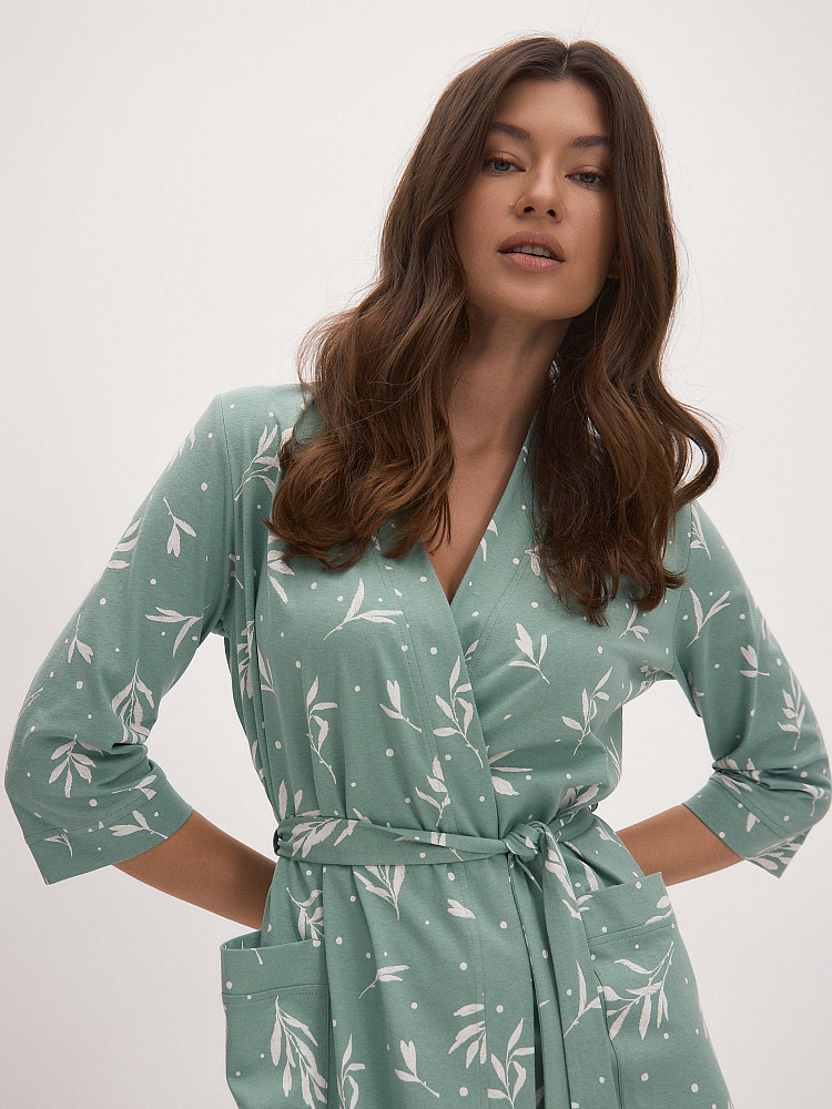 Халат из хлопка с поясом Cozy time Олива_12373