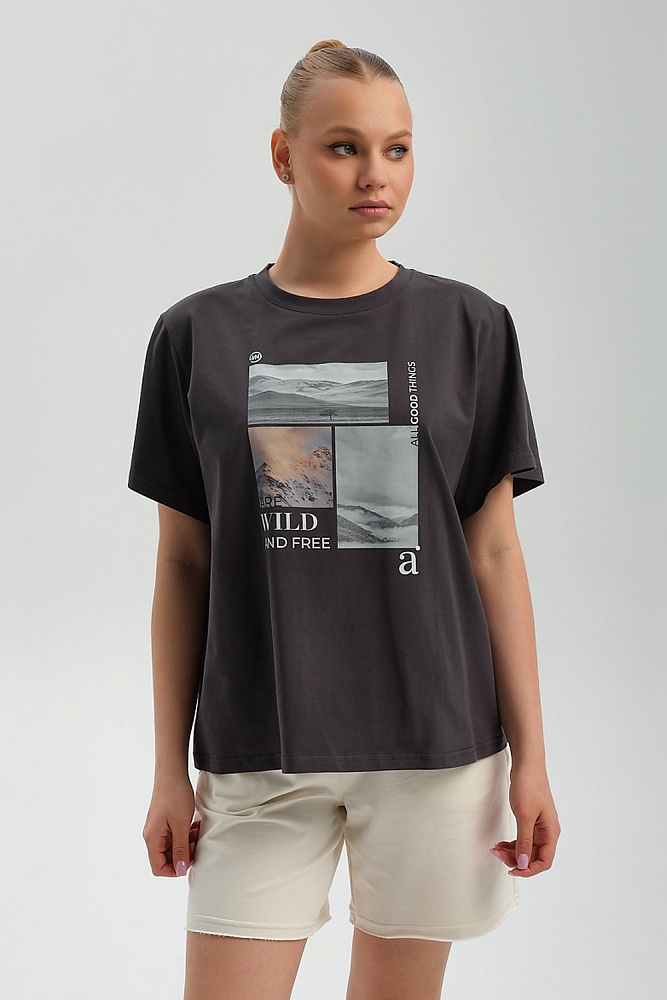 Футболка оверсайз с принтом Altai woman Графит/Облака_17905