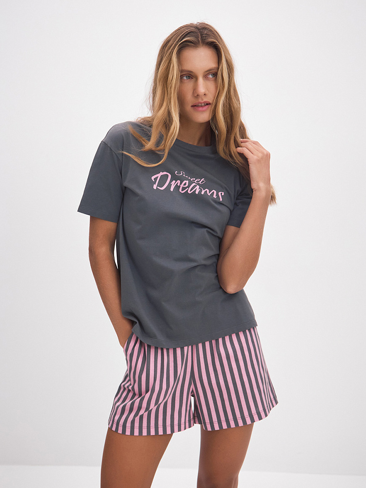 Пижама из хлопка, комплект Slow beauty Серый/Полоска розово-серая_13626