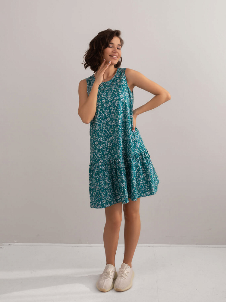 Платье из хлопка Kira Цветы на зеленом_6674