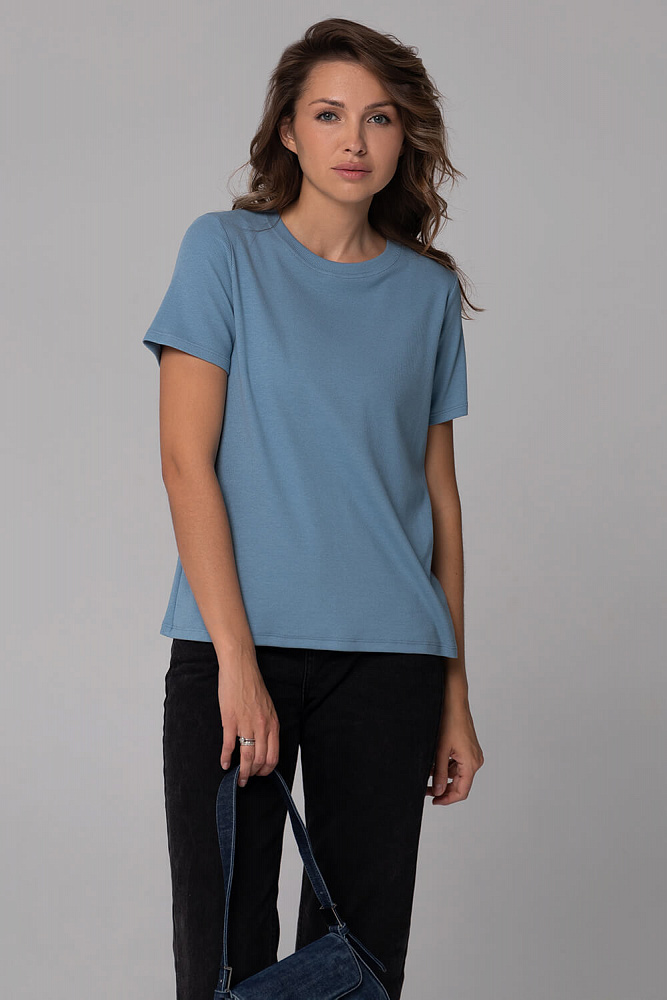 Дымчато-голубая футболка базовая в рубчик хлопок Basic_6466