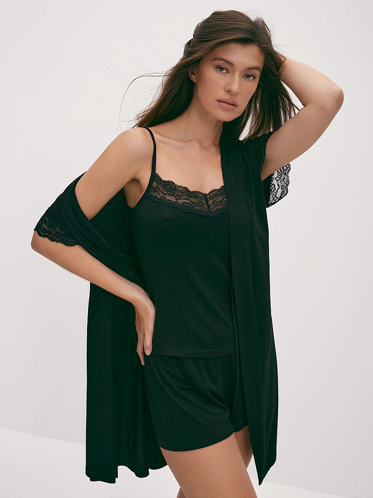 Пижама из вискозы с кружевом, комплект Natali Черный_11702