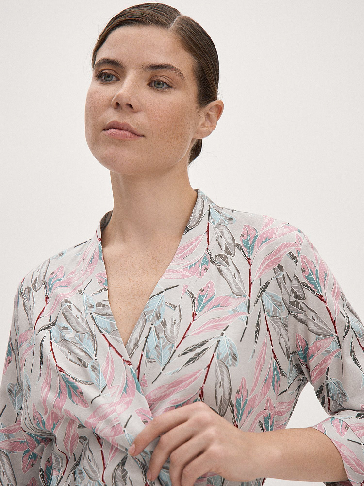 Халат из хлопка с поясом Cozy time Серо-розовые листья_12074