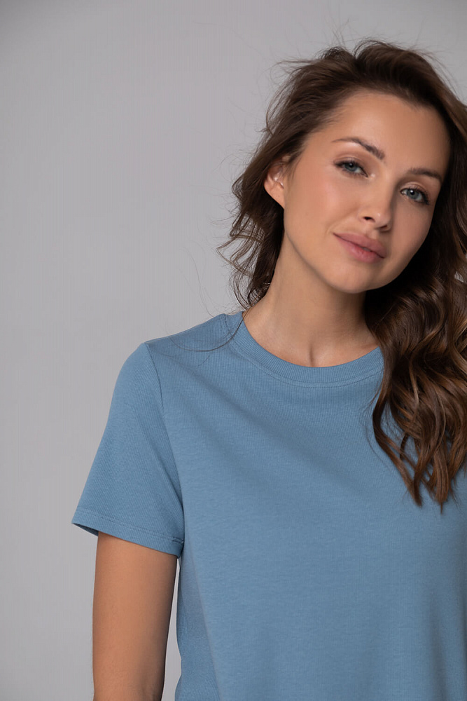 Дымчато-голубая футболка базовая в рубчик хлопок Basic_6467