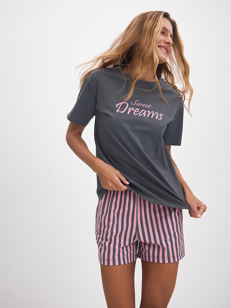 Пижама из хлопка, комплект Slow beauty Серый/Полоска розово-серая_13624