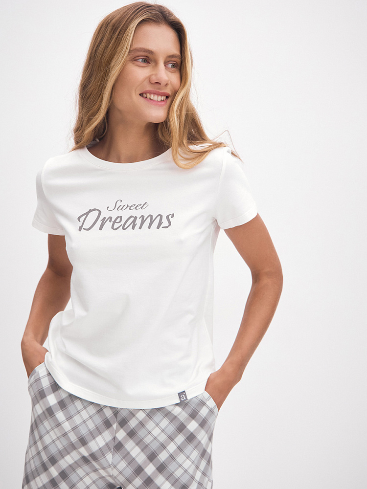 Пижама из эластичного хлопка, комплект Nicole Кремовый/Клетка серая_13422