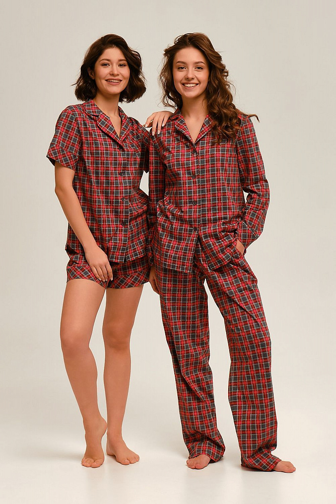 Рубашка с длинным рукавом из хлопка Slow beauty Красно-серая клетка_12496