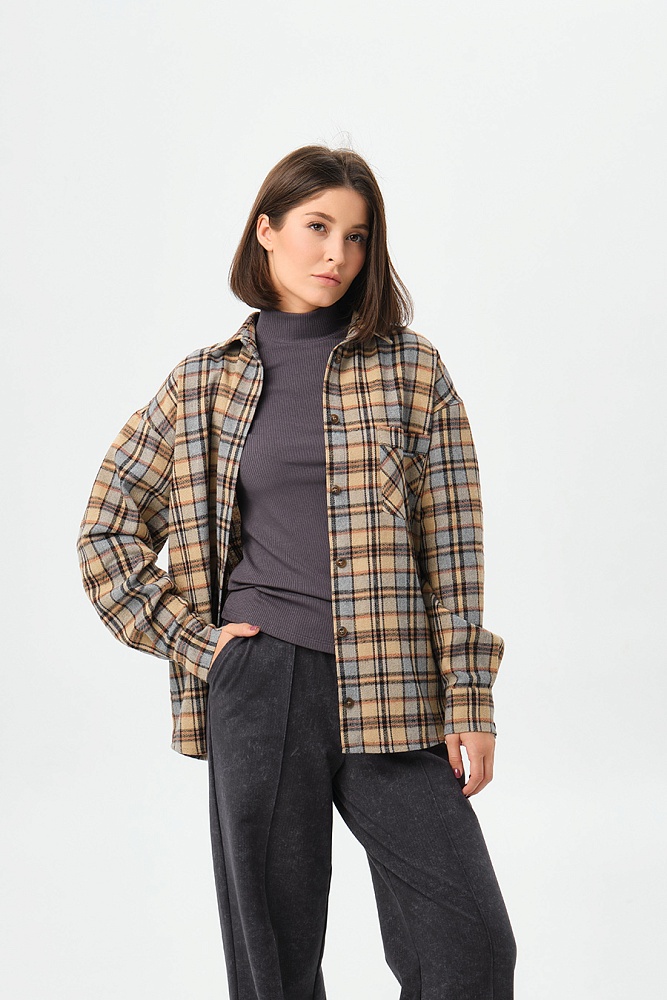 Рубашка в клетку из хлопка City Plus Бежево-коричневая клетка_16853