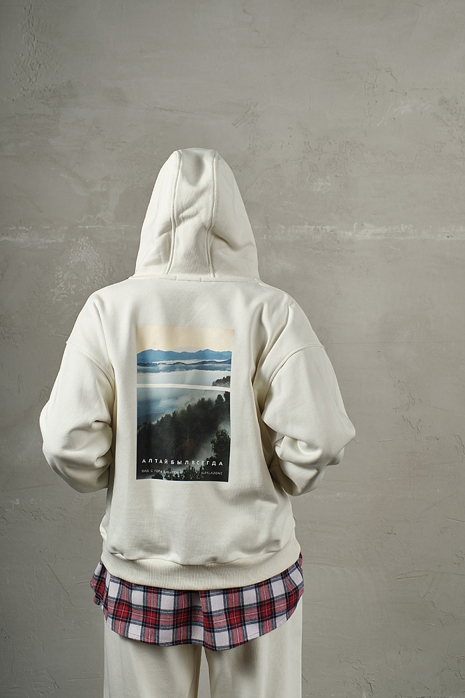Худи на молнии из футера Путешествие по Алтаю Экрю/Бабырган_19510
