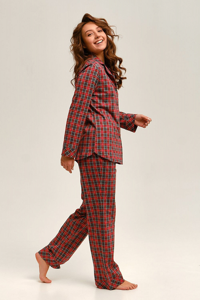 Прямые брюки из хлопка Slow beauty Красно-серая клетка_12501