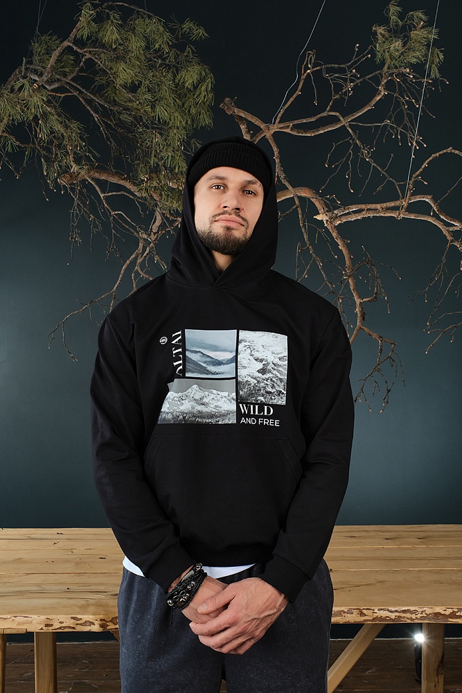 Худи из футера  Altai Черный/Горы чб_18718