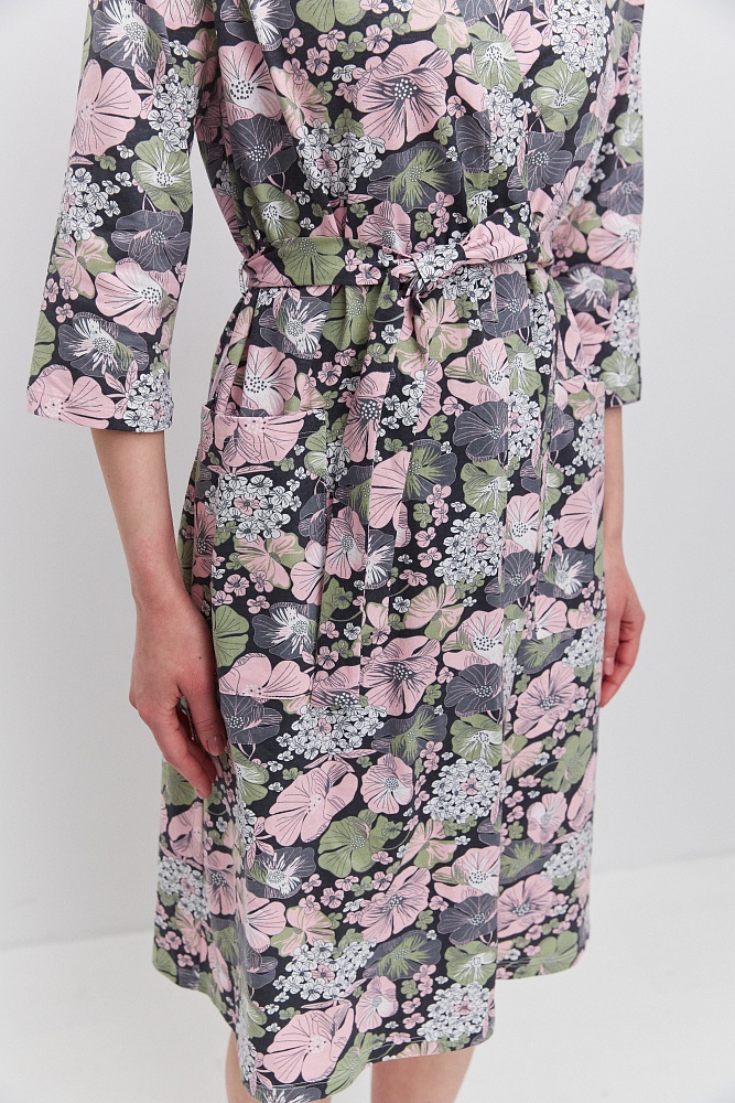 Халат из хлопка с поясом Cozy time Набивка/Цветы_11283