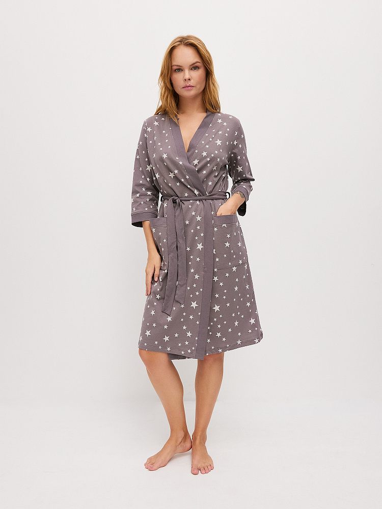 Халат из хлопка с поясом Cozy time Серый/Звезды_11255