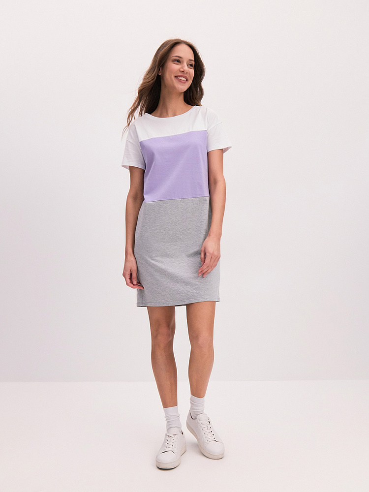 Платье из хлопка Color blocks Белый/Лиловый/Серый_14764