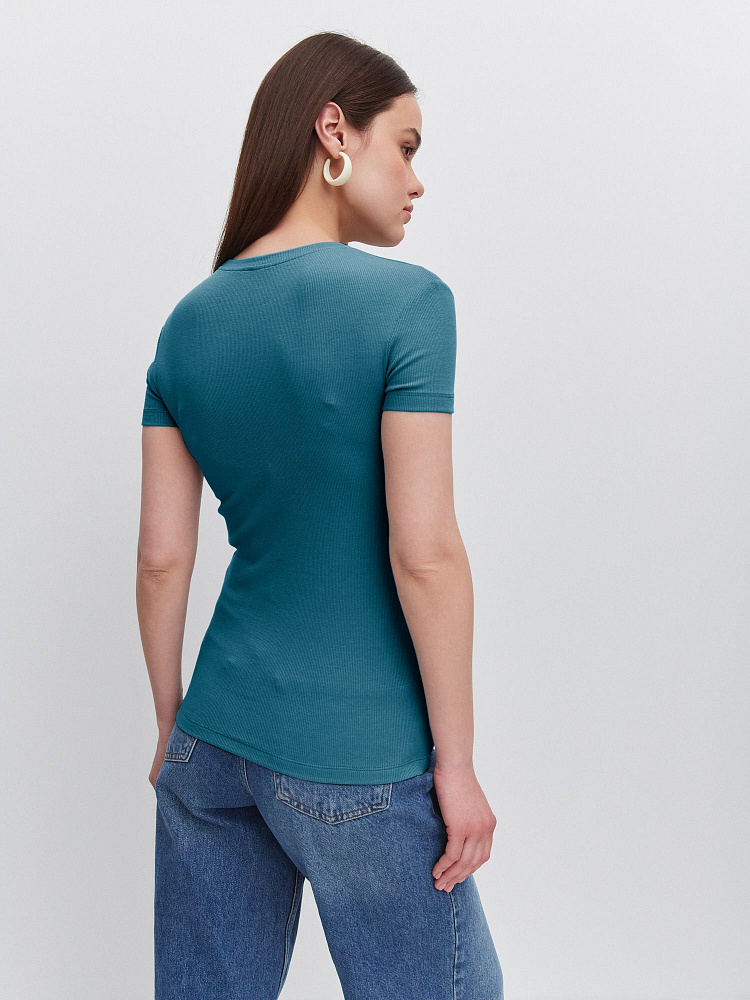 Футболка приталенная трикотажная в рубчик Basic Морская волна_11885
