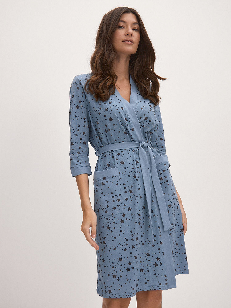 Халат из хлопка с поясом Cozy time Звезды на синем_12033