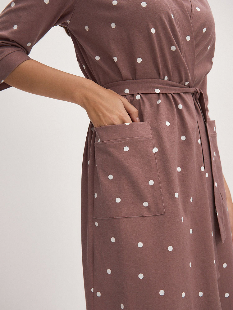 Халат из хлопка с поясом Cozy time Какао/Горох_12028