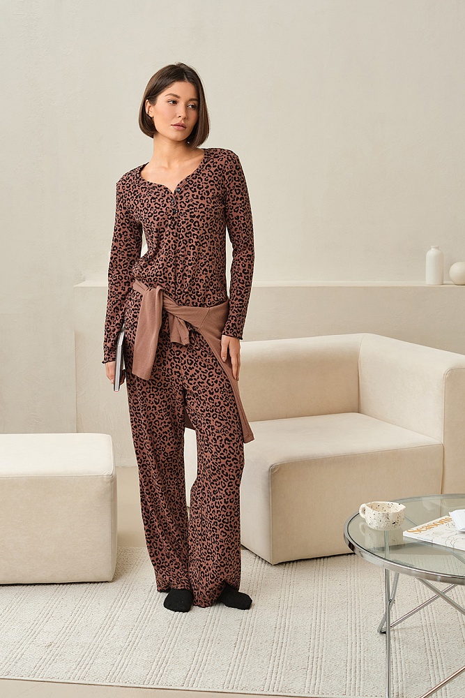Брюки трикотажные в рубчик Flat White Кофейный леопард_17265