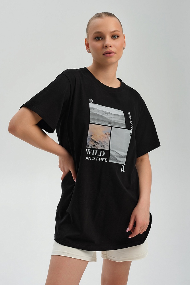 Футболка удлиненная оверсайз с принтом Altai woman Черный/Туман_17851