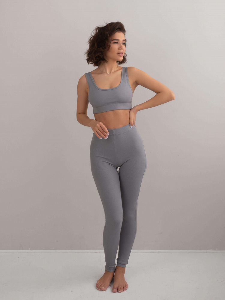 Леггинсы тёмно-серые в рубчик трикотажные Basic_5525