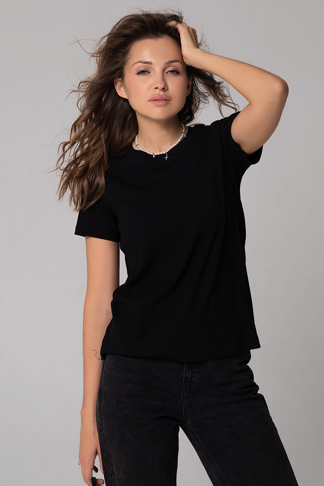 Футболка черная базовая в рубчик хлопок Basic _6492