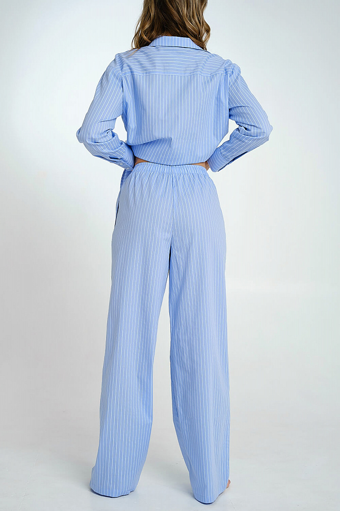 Брюки домашние голубые из хлопка полоска Fresh_7421